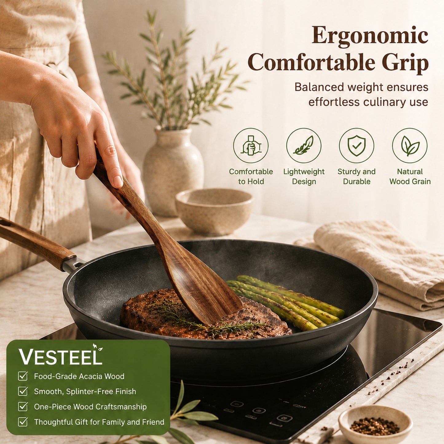 Vesteel 6-Piece Wooden Spoons for Cooking, Natural Acacia Wooden Kitchen Utensil Set, Non-Stick Kitchen Spoon&Spatula, Heat-Resistant Cooking Utensils Safe for Nonstick Cookware & Easy to Clean