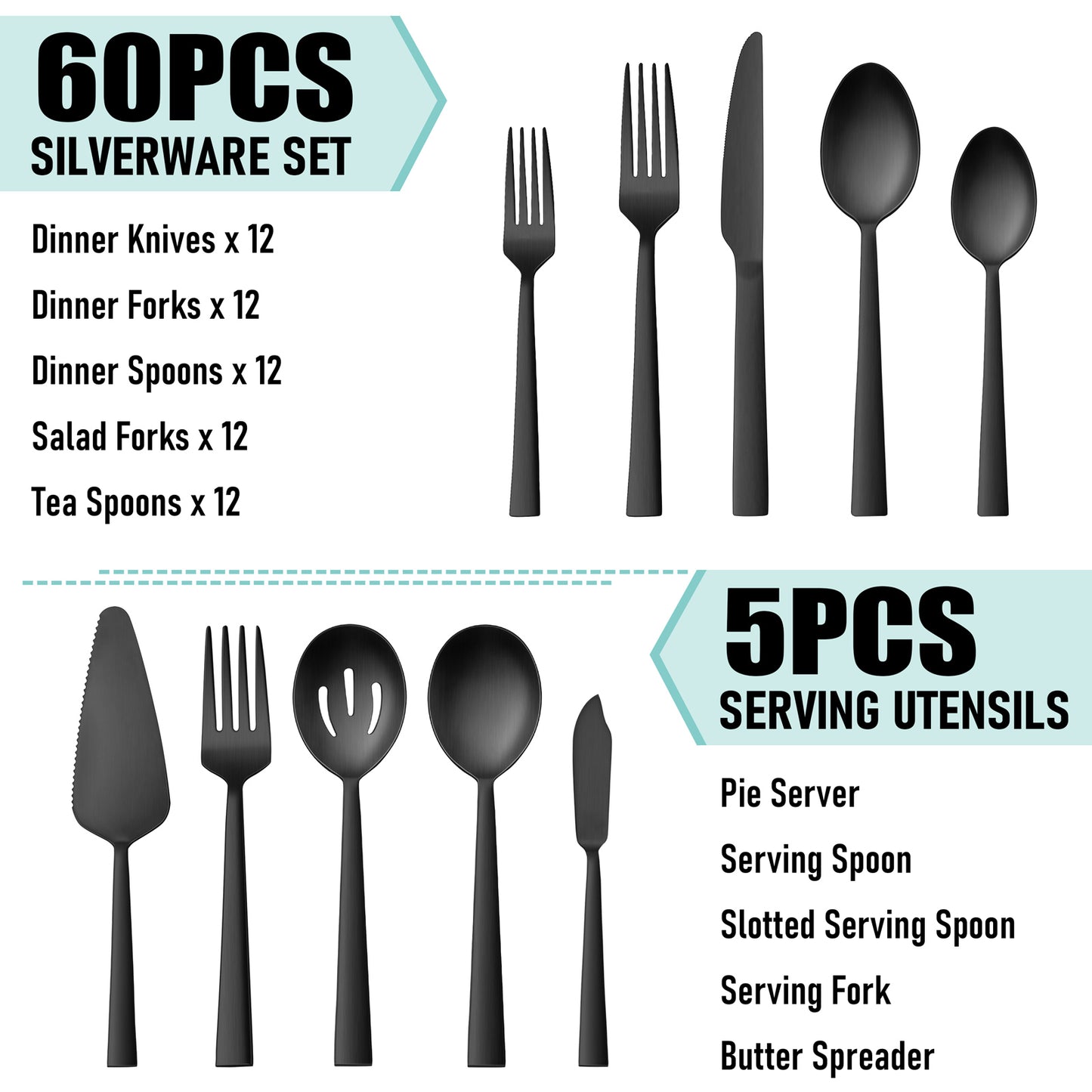 VeSteel 65Pcs Matte Black Silverware Set with Serving Utensils, Stainless Steel Flatware Set Service for 12, Metal Cutlery Eating Utensils Tableware Includes Forks/Spoons/Knives/Hostess Set