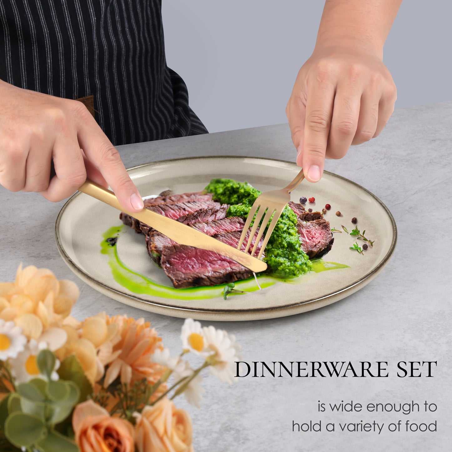 Vesteel Dinnerware Sets for 4, 16-Piece Stoneware Dish and Bowls Set, Handmade Reactive Glaze Coupe Plates Set, Chip & Scratch Resistant - Khaki