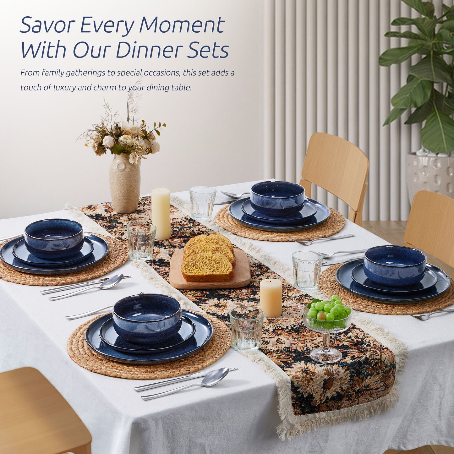 Onader Dinnerware Sets for 6, 18-Piece Plates and Bowls Set, Reactive Glaze Dishes, Stoneware Dinnerware set, Microwave & Dishwasher Safe - Deep Sea Blue