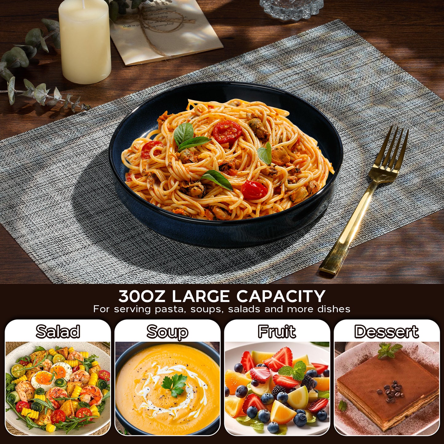 Vesteel Pasta Bowls Set of 4, 32oz Stoneware Salad Bowl, Large Dinner Bowls for Eating Serving Soup Noodle Pasta, Microwave & Dishwasher Safe, Ocean Blue
