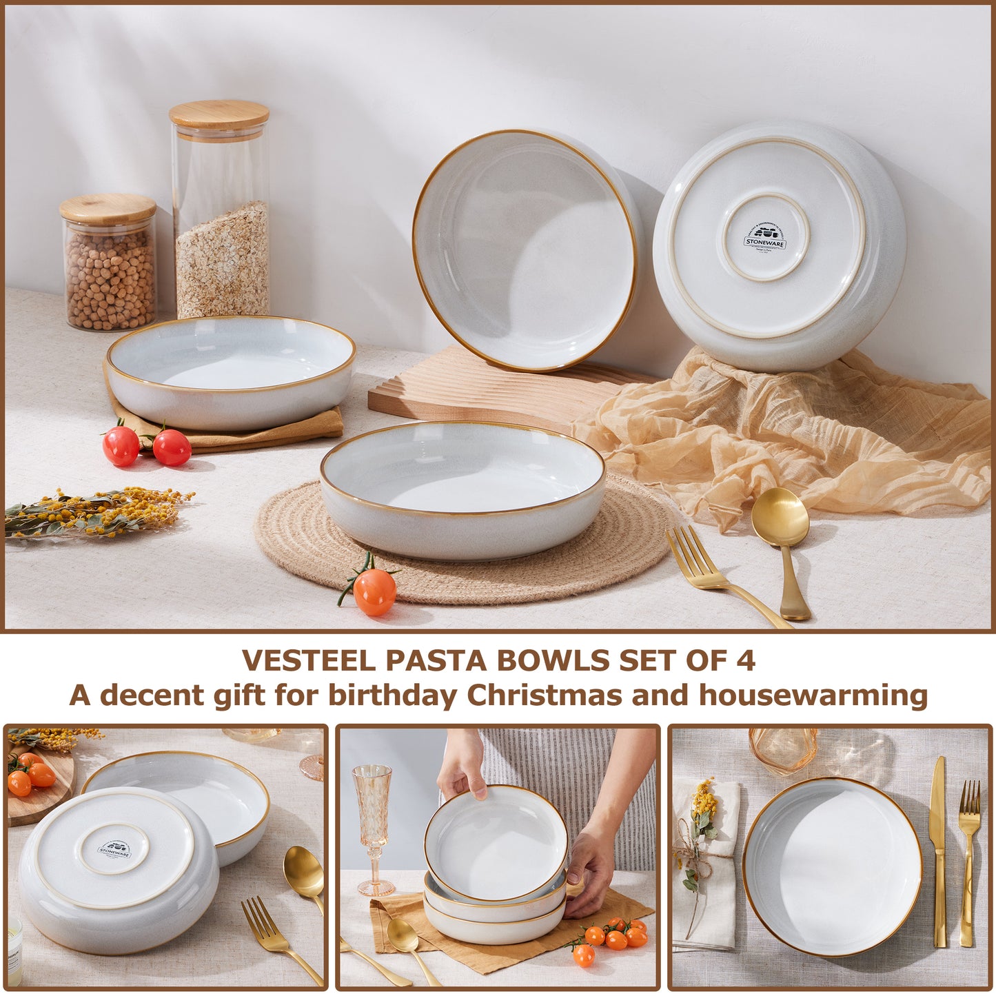 Vesteel Pasta Bowl Set of 4, 22oz Stoneware Salad Pasta Serving Bowls for Soup Dinner Cereal, Microwave & Dishwasher Safe, Seashell White
