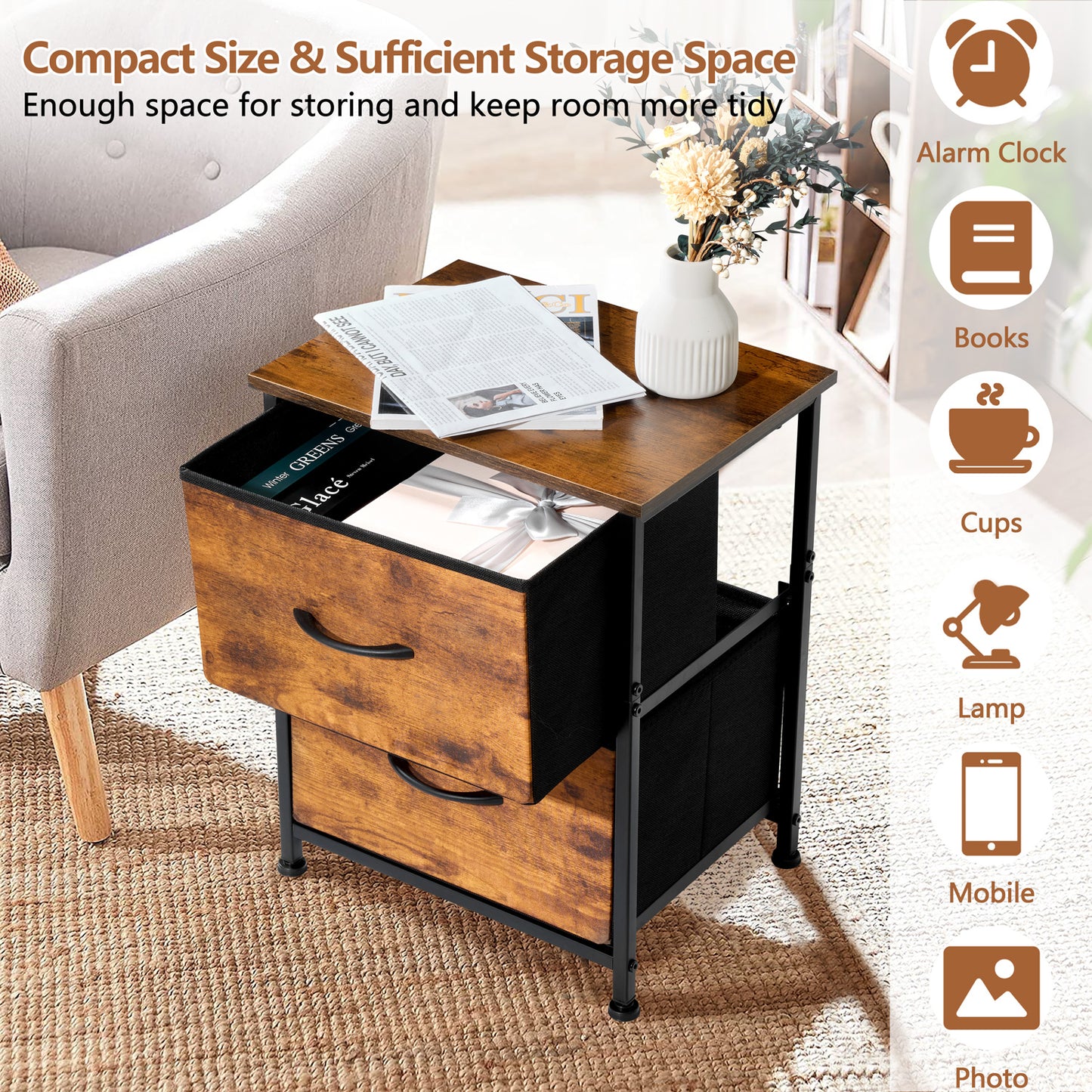 Vesteel Nightstand, 2 Drawers Dresser with Wood Top and Sturdy Steel Frame, Fabric End Table Bedside Furniture Dresser for Bedroom Closet Dorm - Rustic Brown