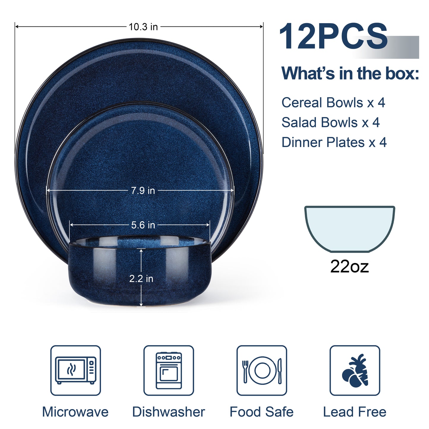 Vesteel Dinnerware Sets for 4, 12-Piece Stoneware Dish and Bowls Set, Handmade Reactive Glaze Coupe Plates Set for Family, Chip & Scratch Resistant - Ocean Blue