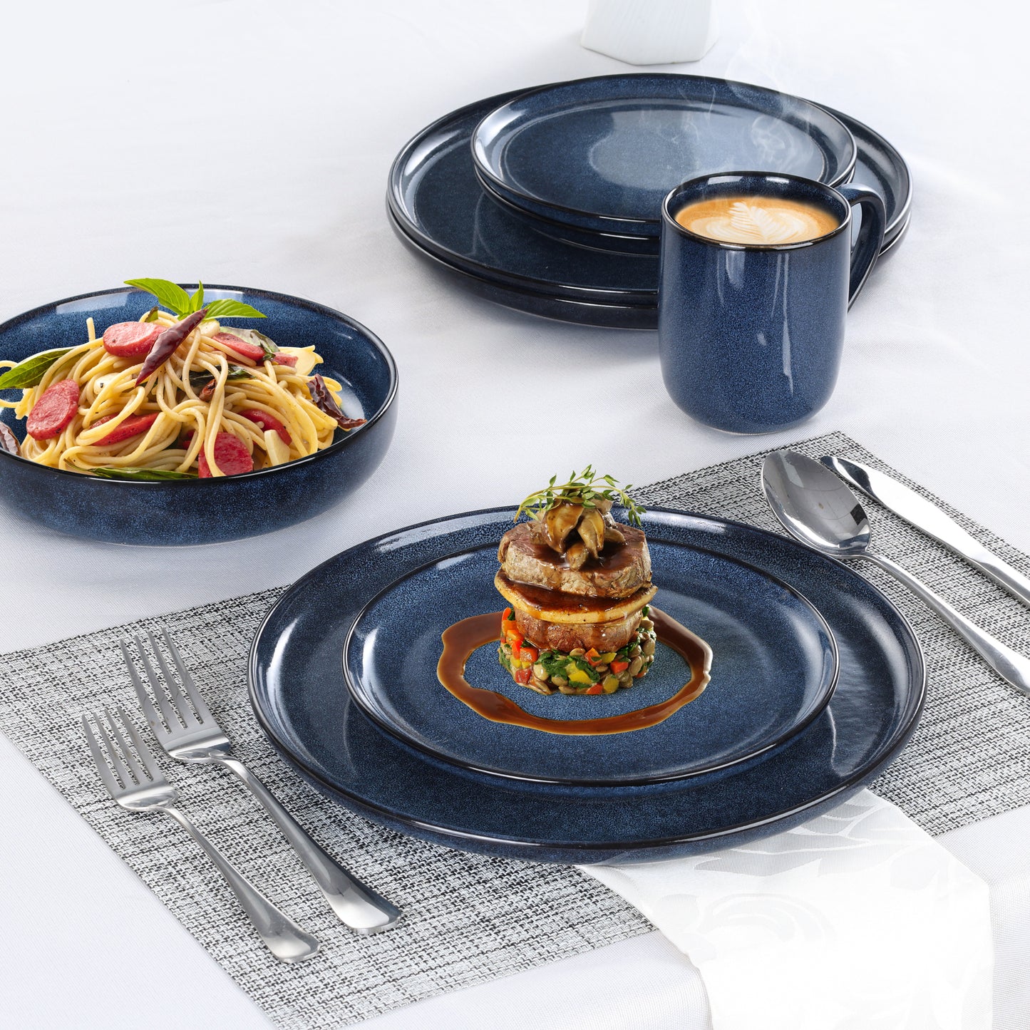Vesteel 16-Piece Plates and Bowls Sets, Stoneware Dinnerware Sets for 4, Handmade Reactive Glaze Coupe Dishes Set, Chip & Scratch Resistant - Ocean Blue