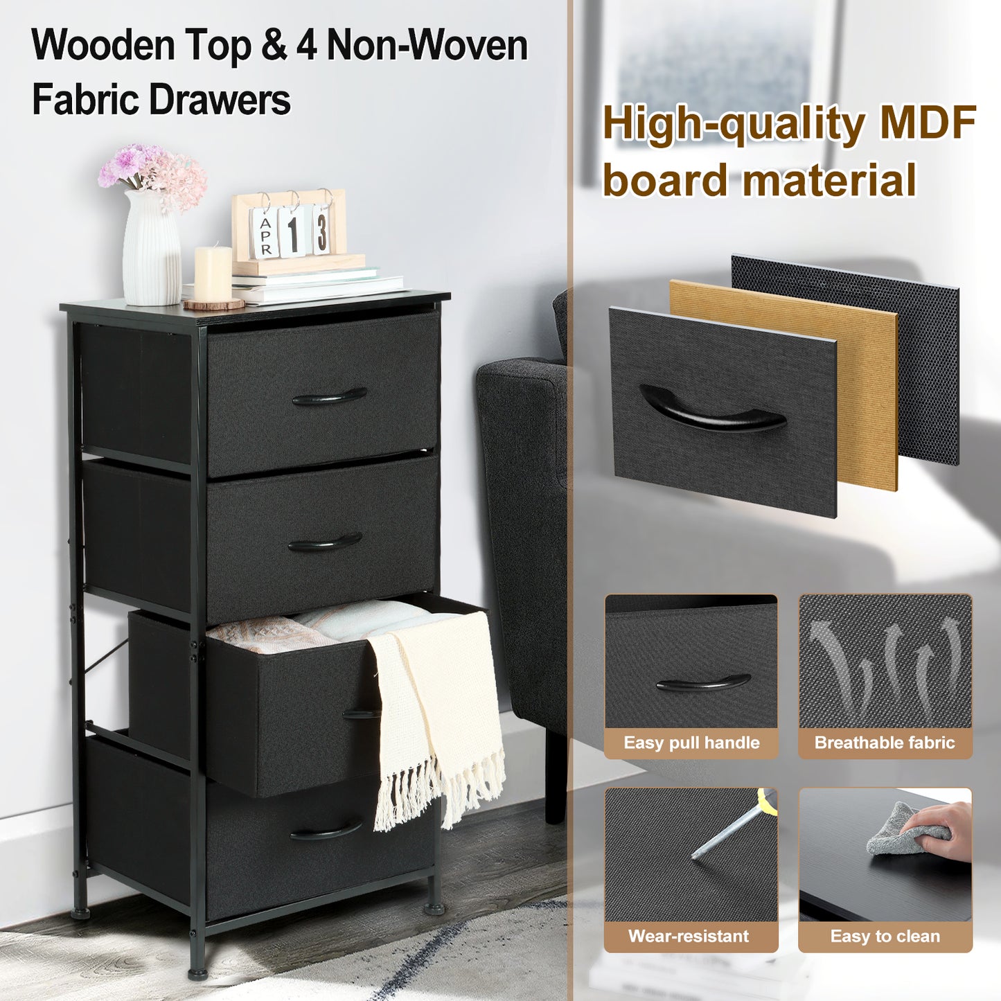 Vesteel Dresser for Bedroom with 4 Drawers, Storage Tower Organizer with Fabric Bins and Wooden Tabletop, Clothes Closet with Sturdy Steel Frame for Living Room, Entryway, Nursery - Black