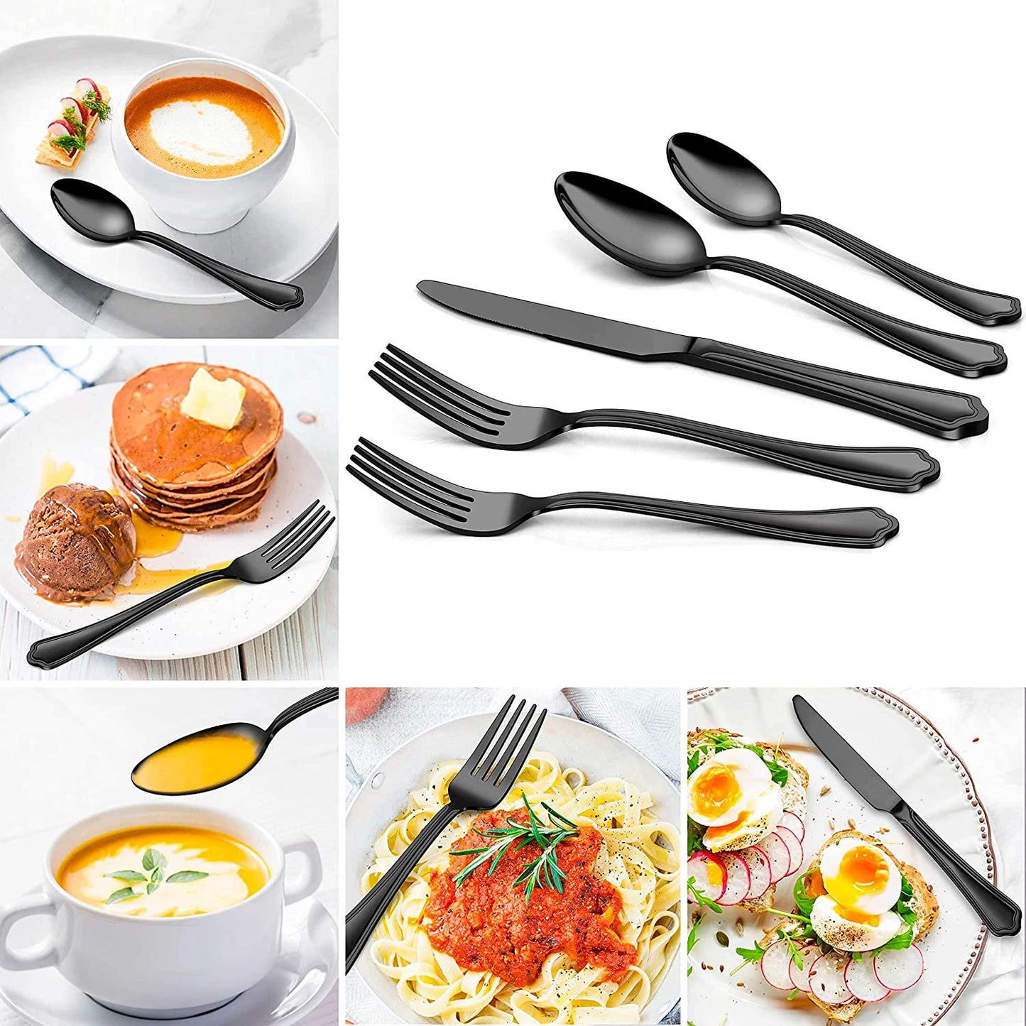 Vesteel 40-Piece Black Silverware Set for 8, Stainless Steel Flatware Cutlery Set with Scalloped Edge, Modern Tableware Eating Utensils Set
