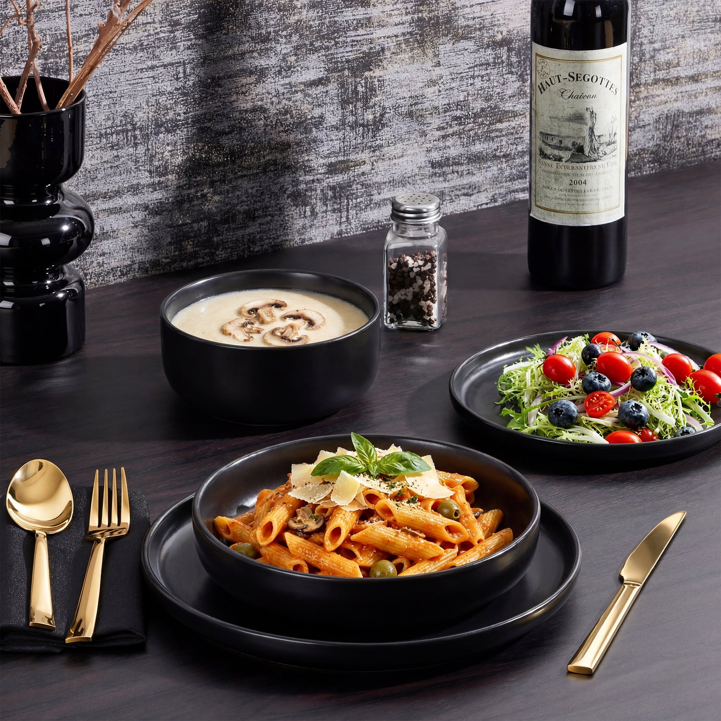 Onader 8-Piece Dinnerware Set, Ceramic Plate and Bowls Set for 2, Scratch Resistant Tableware Dishes Set for Kitchen Restaurant, Microwave & Dishwasher Safe - Matte Black