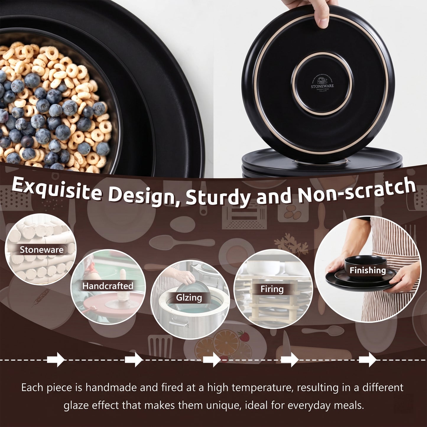 Onader 12 Piece Dinnerware Sets, Plates and Bowls Set for 4, Premium Stoneware Dishes Sets for Home Restaurant, Dishwasher & Microwave Safe - Matte Black
