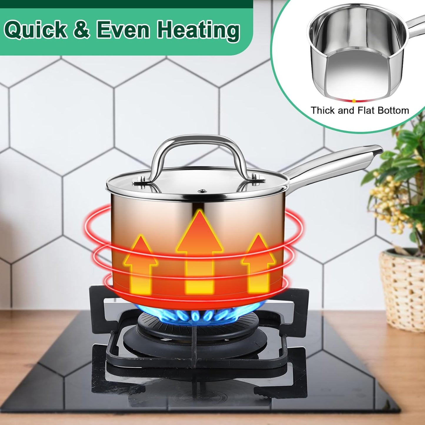 Vesteel 2QT Saucepan with Lid, Stainless Steel Small Sauce Pan, Tri-ply Composite Bottom, Heavy Duty Induction Cooking Pot for Warming Milk, Making Pasta, Boiling Soup, Dishwasher Safe