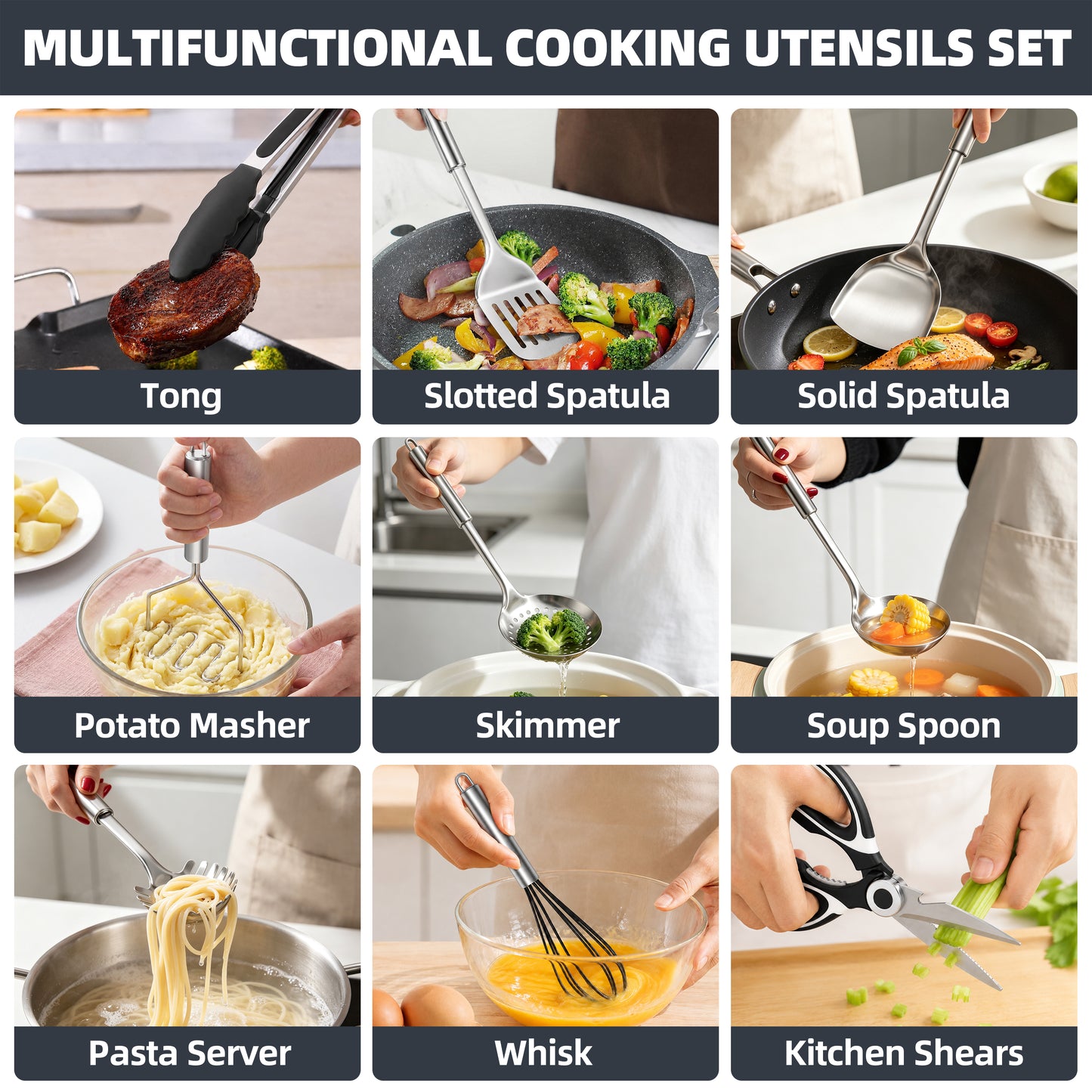 Vesteel 12-Piece Cooking Utensils Set, Stainless Steel Kitchen Utensils with Holder, Non-stick Cookware Set Include Pasta Server, Potato Masher and Spatula, Heat Resistant & Dishwasher Safe