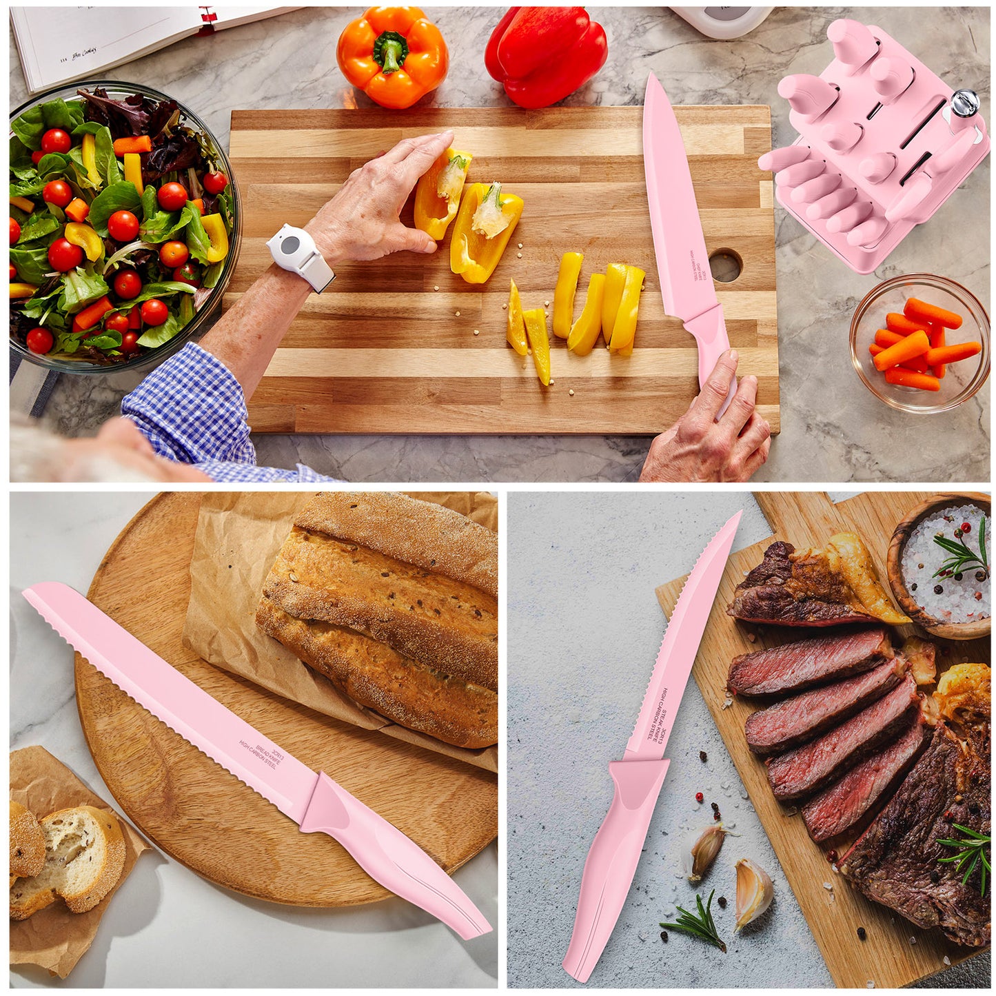 Vesteel Knife Set for Kitchen with Block, 15 Pcs Stainless Steel Kitchen Knives Set with Sharpener Kitchen Shears - Pink