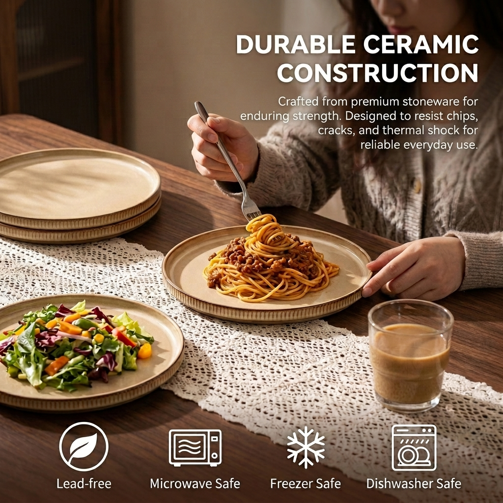 Vesteel Salad Plate for 4, 8 inch Stoneware Dinner plates with Textured Stripes, 4-Piece Ceramic Kitchen Plates for Dessert Salad, Dishwasher Safe & Microwave Safe, Khaki