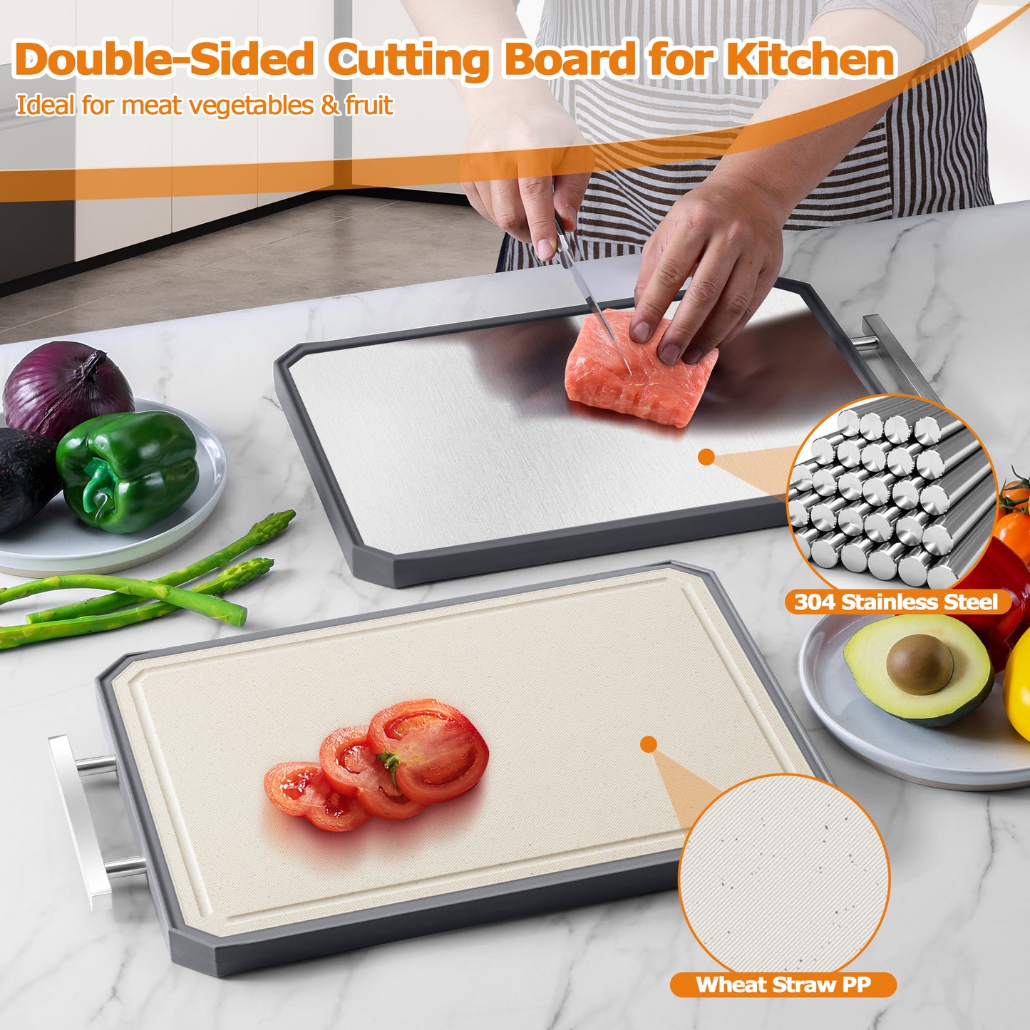 Vesteel Double Side Cutting Board, 16” x 11” Cutting Board with Stainless Steel Handle for Kitchen, Non Toxic Chopping Board for Meat and Vegetables, Dishwasher Safe & Scratch Resistant