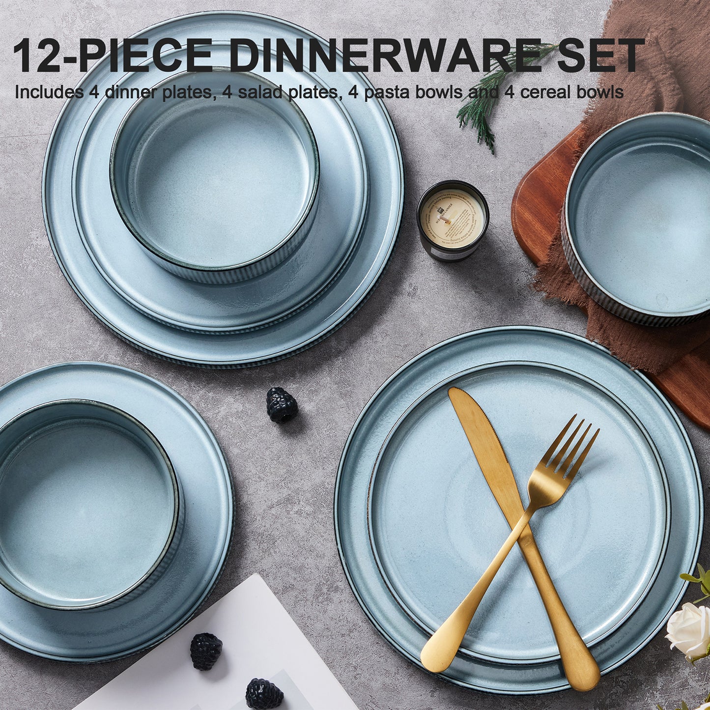 Vesteel Dinnerware Set for 4, 12-Piece Premium Stoneware Ribbed Dishes with Reactive Glaze, Chip & Scratch Resistant Plates and Bowls Set for Home Restaurant, Microwave Safe - Smoky Blue