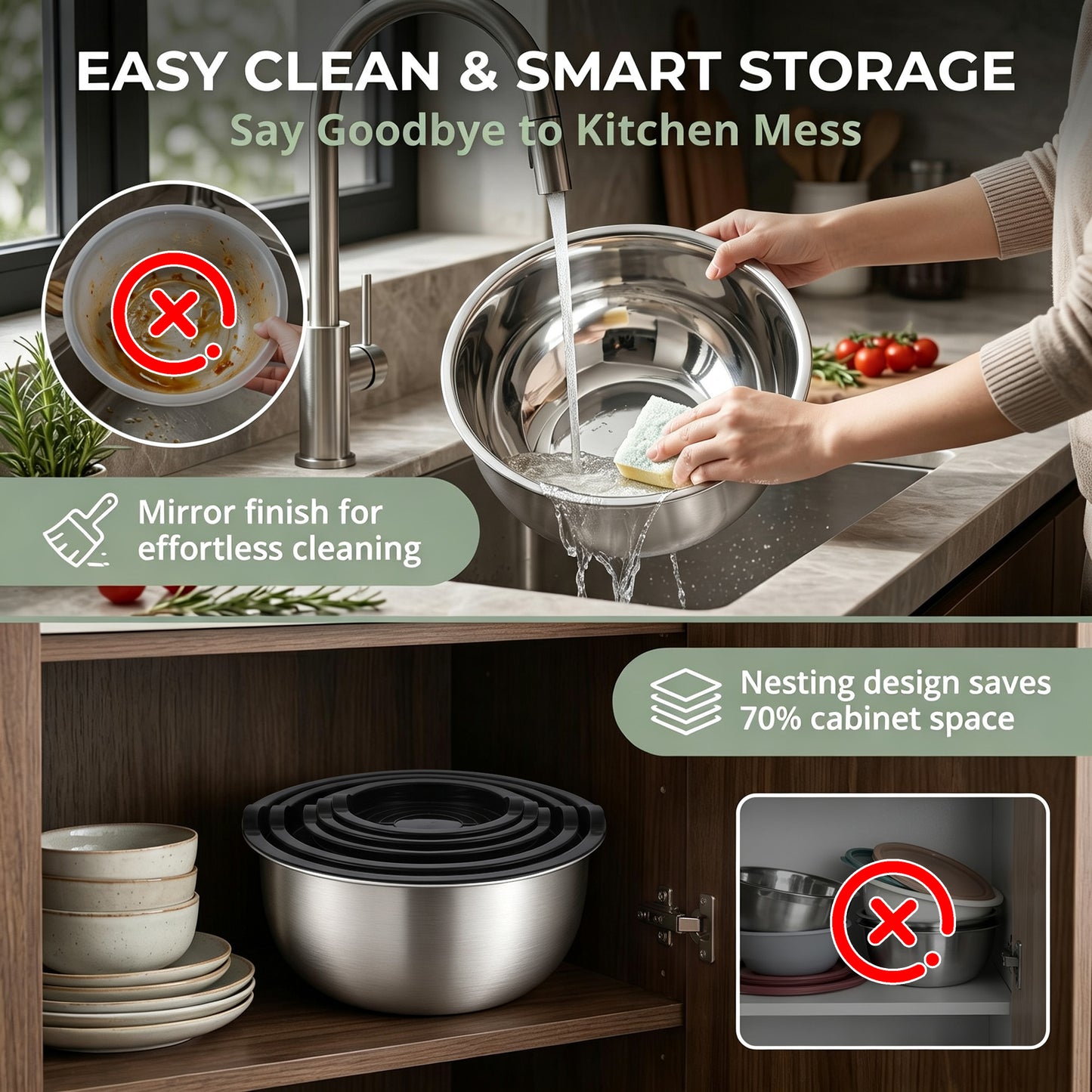 Vesteel Stainless Steel Mixing Bowls, 5 Piece Metal Nesting Bowls with Airtight Lids, Stackable Salad Bowls for Baking, Prepping & Serving, Dishwasher Safe, 5/3/1.7/1.2/0.8 QT, Black
