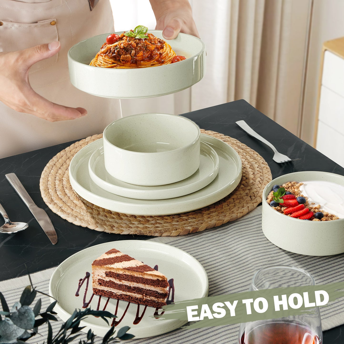 Vesteel 16 Pieces Dinnerware Sets, Premium Stoneware Dishes Set for 4, Speckled Plates and Bowls Set for Home Restaurant, Microwave and Dishwasher Safe - Off-white