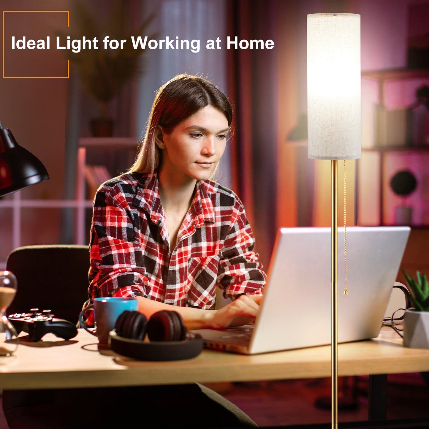Vesteel Floor Lamp for Living Room, Modern Standing Lamp with 3 Color Temperatures LED Bulb & Linen Lampshade, Pole Lamp for Bedroom Living Room Office, Gold