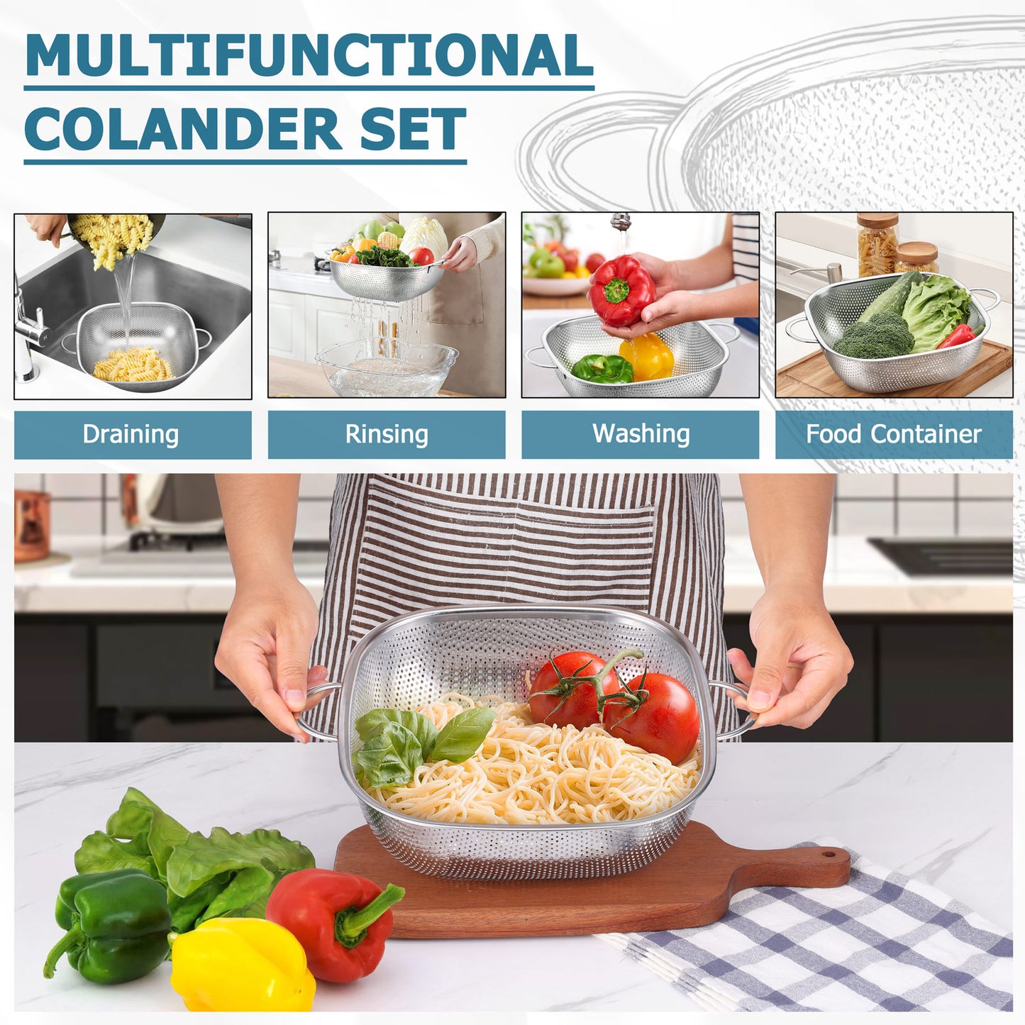 Vesteel Stainless Steel Square Colander Set of 3 (2QT + 3QT + 5QT), Nesting Strainer Baskets with Sturdy Handles, Metal Colanders for Washing, Draining & Rinsing Fruits, Vegetables, Pasta