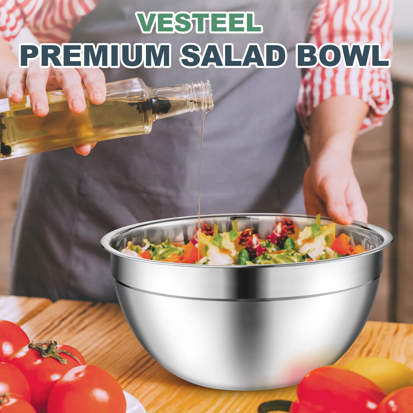 Vesteel 18PCS Mixing Bowls Set, Stainless Steel Prep Bowl Nesting Salad Bowls Attach Kitchen Accessories for Mixing Cooking Baking, Size 4.6/2.6/2/1.5/1/0.7 QT, Khaki