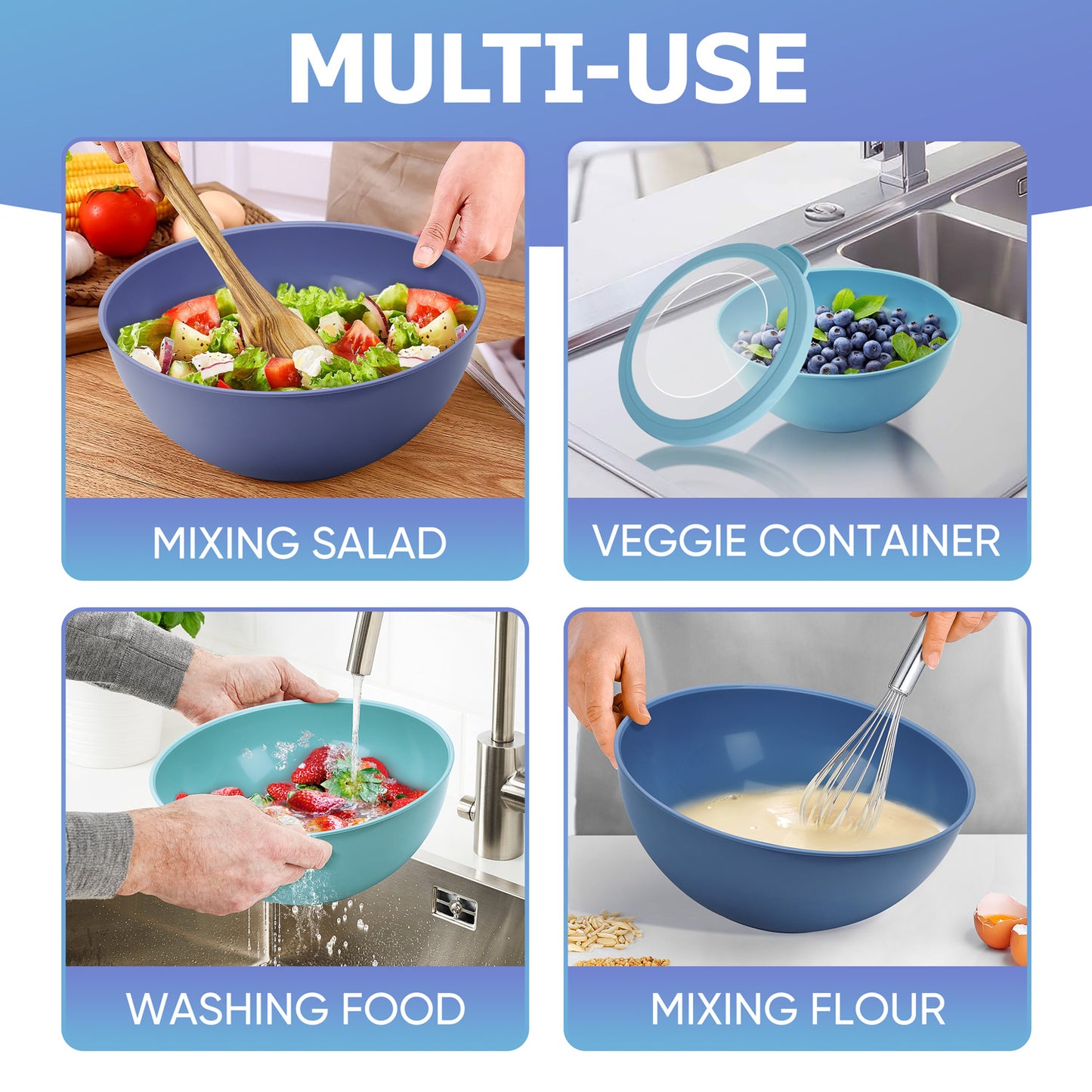 Vesteel 6Pcs Mixing Bowl Set with Lids, Plastic Nesting Bowls for Mixing, Storage, Kitchen Prepping, Serving Food, Microwave & Dishwasher Safe - Blue