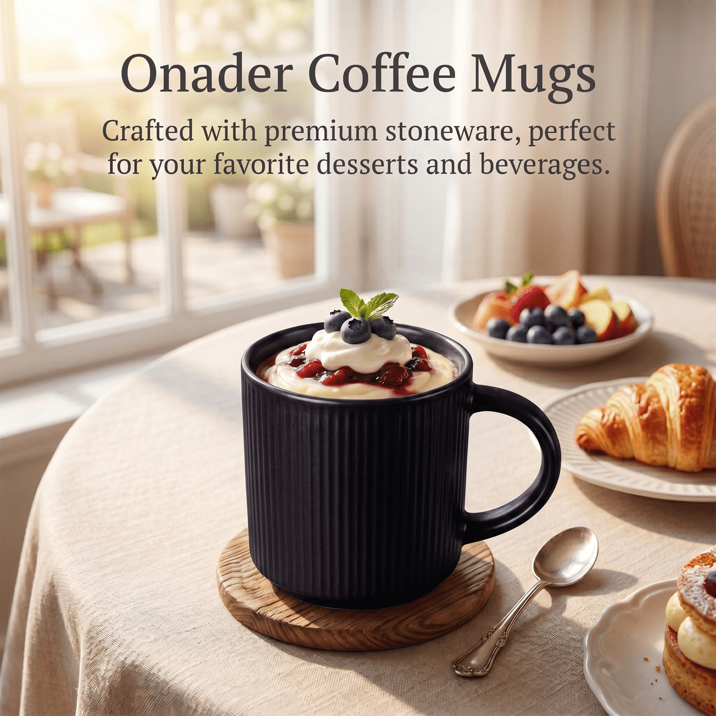 Onader 4-Pieces Coffee Mugs Set, Water Cups with Large Handle, 12 oz Ceramic Mugs Suitable for Tea Milk Latte, Stain-Resistant & Microwave Safe, Matte Black