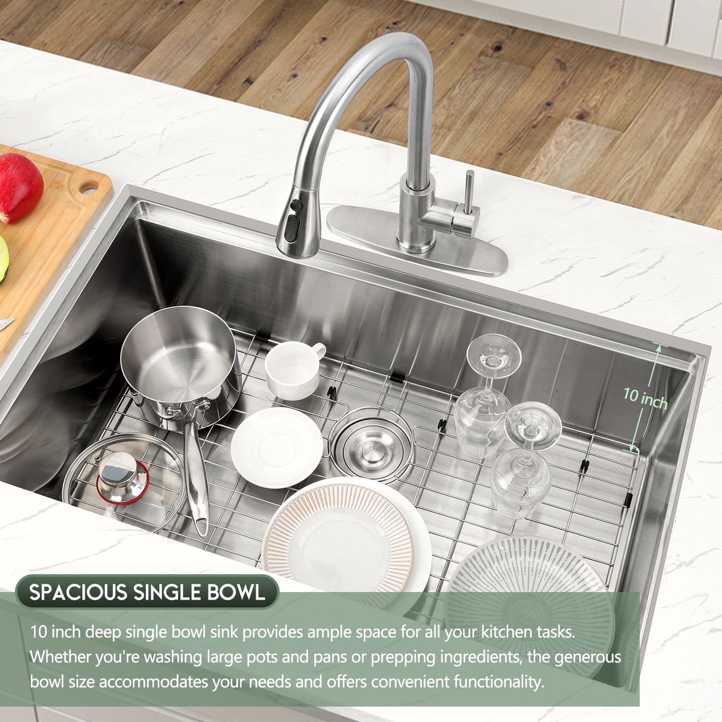 Vesteel Stainless Steel Kitchen Sink, 33” x 19” Undermount Sink 10” Deep Single Bowl Workstation Sink Basin with Sink Accessories