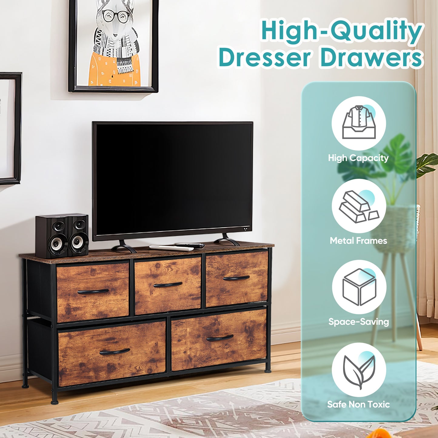 Vesteel 5 Drawer Dresser for Bedroom, Wide Chest of Drawers, Organizer Storage Cabinet with Fabric Drawers and Wooden Top, Closet for Living Room, Entryway, Nursery, Farmhouse - Rustic Brown