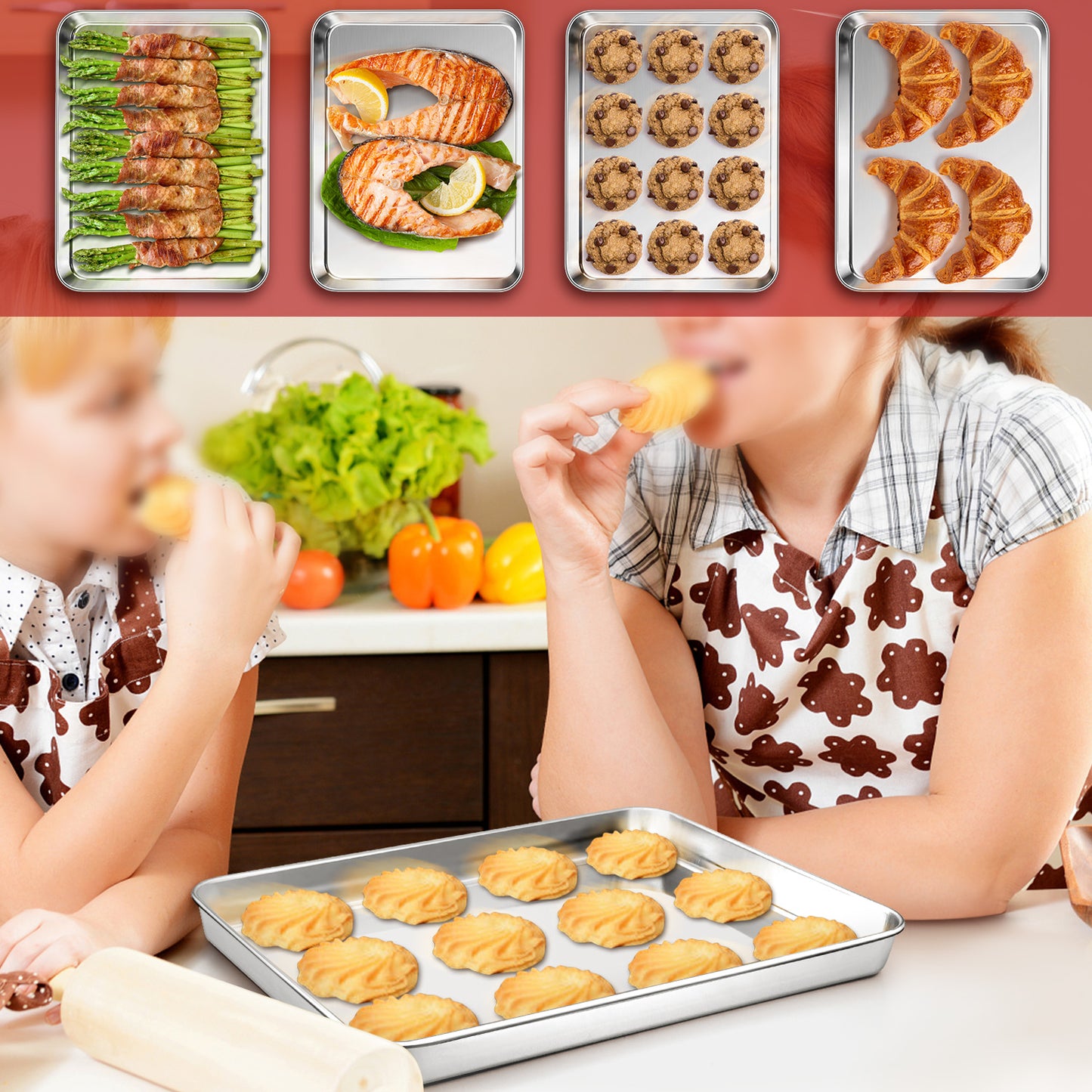 Vesteel Baking Cookie Sheet Set of 2, Stainless Steel Rectangle Baking Pan Oven Tray - 10 x 7.8 x 1 inches