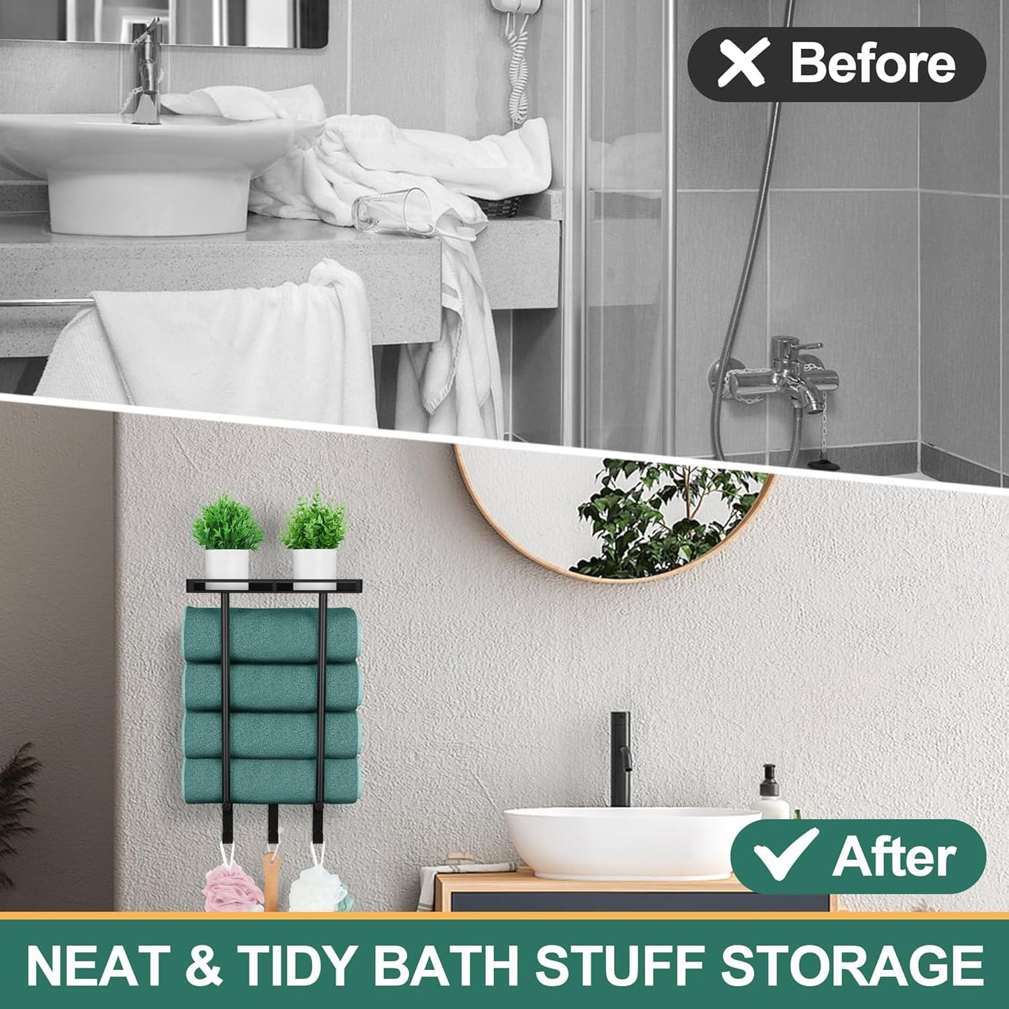 Towel Racks for Bathroom, Vesteel Wall Mounted Towel Rack with Metal Shelf and 3 Hooks, 15 Inch Rolled Towel Holder Bath Storage Organizer, Vertical Rack for Small Space Bathroom Wall Decor, Black