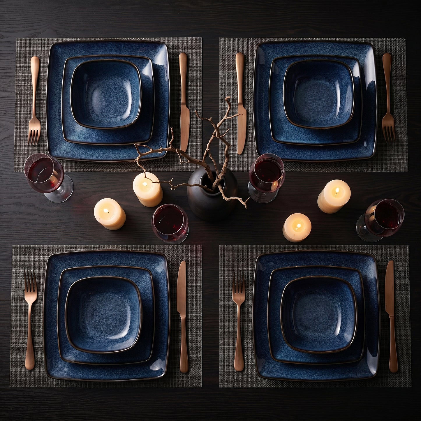 Onader 12 Piece Dinnerware Sets, Reactive Glaze Plates and Bowls Set for 4, Dishes Sets Serve for Steak Salad Soup, Scratch Resistant & Microwave Safe, Starry Blue