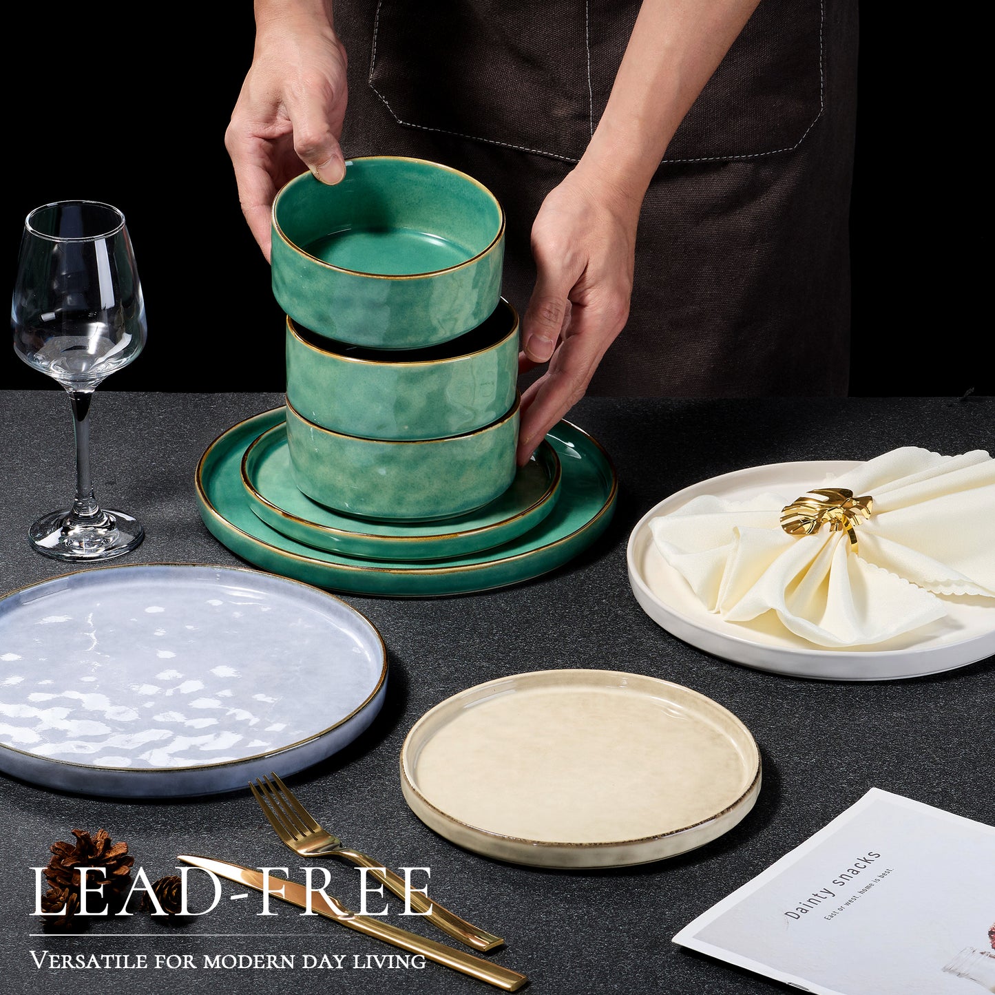 Vesteel Dinnerware Sets, 12-Piece Stoneware Plates and Bowls Set, Dishes Set for 4, Elegant Ceramic Dinnerware for Home Restaurant - Multi-color