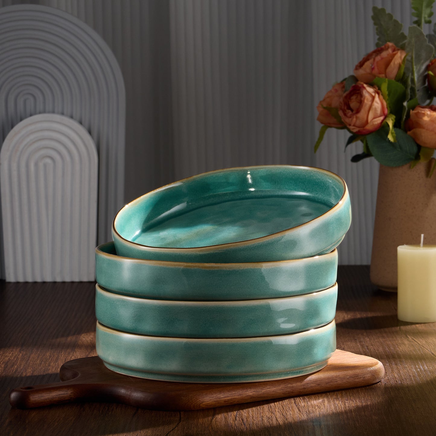 Vesteel Pasta Bowls Set of 4, 30oz Stoneware Salad Bowl, Large Dinner Bowls for Eating Serving Soup Noodle Pasta, Microwave & Dishwasher Safe, Jade Green