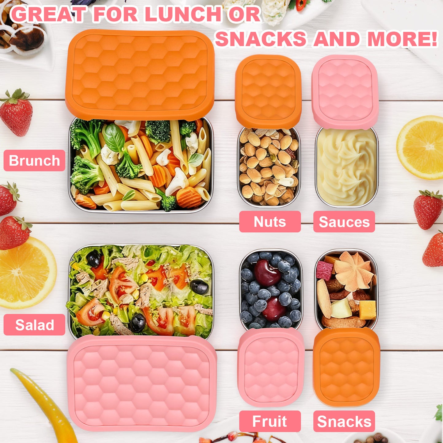Vesteel Stainless Steel Lunch Container Set, Leak Proof Bento Box with Silicone Lids, Portable Metal Lunch Box for School and Daycare(25OZ + 8OZ*2), Pink