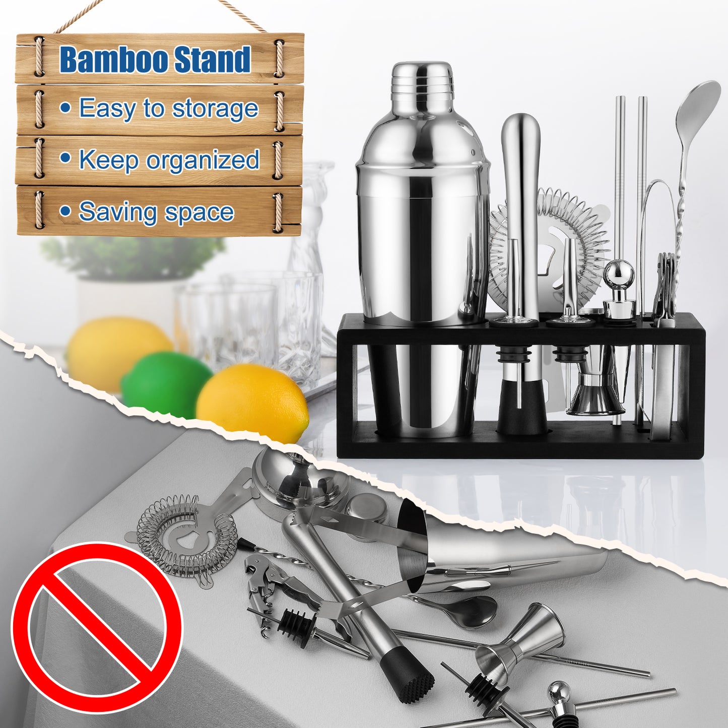 Vesteel 13-Piece Cocktail Shaker Set, Mixology Bartender Kit with Bamboo Stand, Bar Tool Set for Cocktail with Shaker, Jigger & Muddler, Bar Set, Silver
