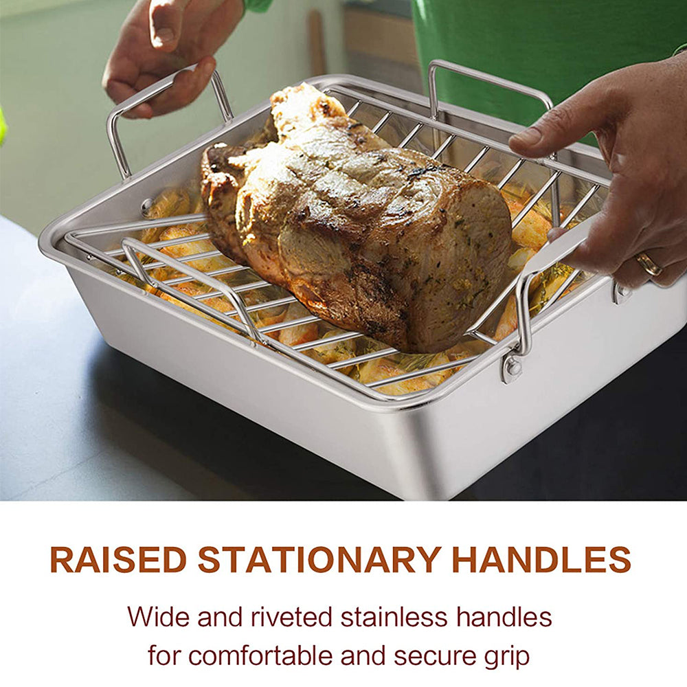 Roasting Pan, VeSteel 14 Inch Stainless Steel Turkey Roaster with Rack, Include Deep Lasagna Pan & V-Shaped Rack & Roasting Rack, Non-Toxic & Heavy Duty - Rectangular