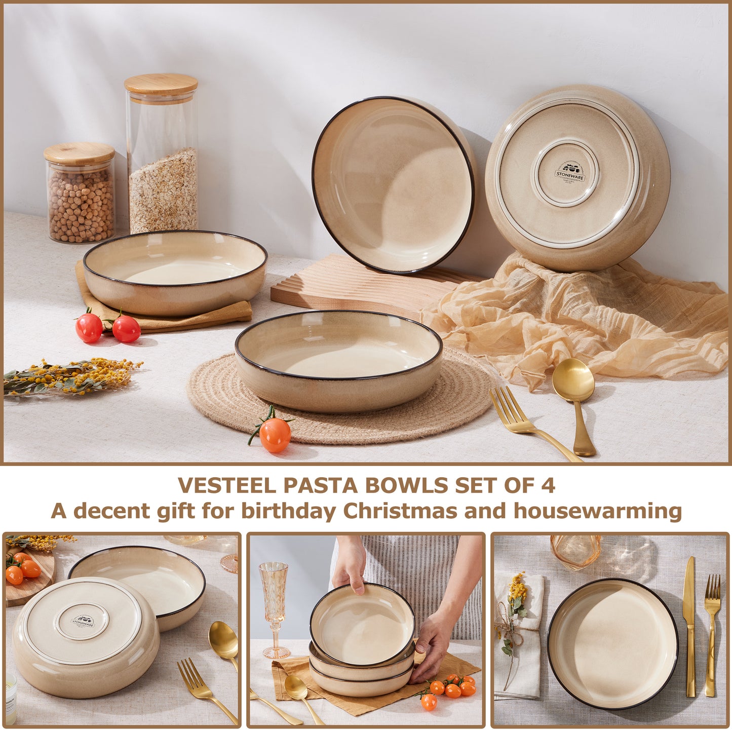 Vesteel Pasta Bowl Set of 4, 22oz Stoneware Salad Pasta Serving Bowls for Soup Dinner Cereal, Microwave & Dishwasher Safe, Khaki