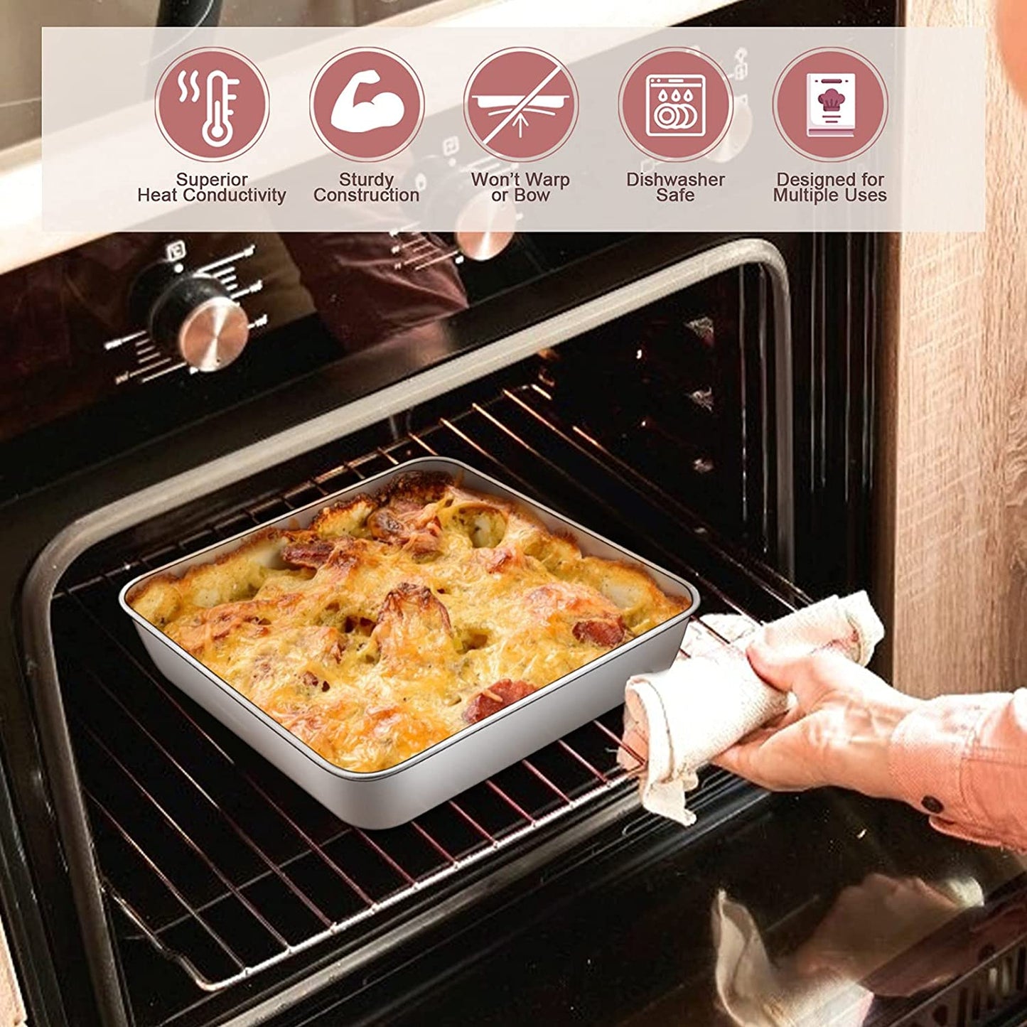 Vesteel 6-Piece Cake Pan with Lid (3 Pans + 3 Lids), Stainless Steel Square Baking Brownie Pans Bakeware Set