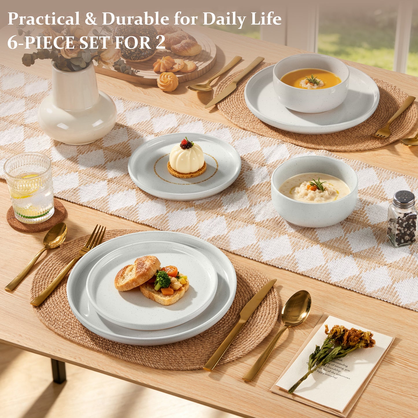 Vesteel Stoneware Dinnerware Sets for 2, 6 Pieces Ceramic Plates and Bowls Sets, Elegant Dishes with Rustic Terracotta Base, Dishwasher & Microwave Safe, Scratch Resistant, Speckled White