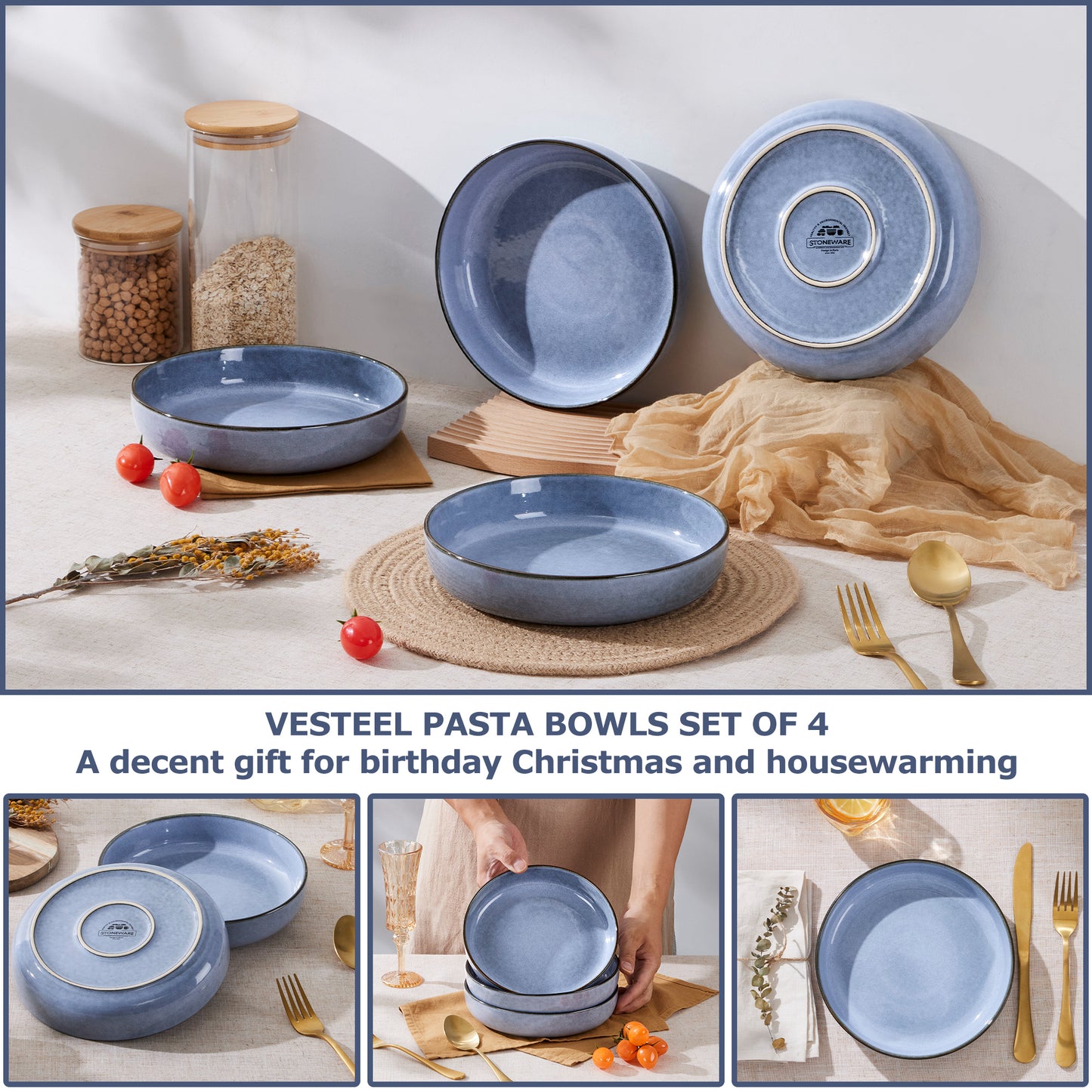 Vesteel Pasta Bowl Set of 4, 22oz Stoneware Salad Pasta Serving Bowls for Soup Dinner Cereal, Microwave & Dishwasher Safe, Grayish Blue