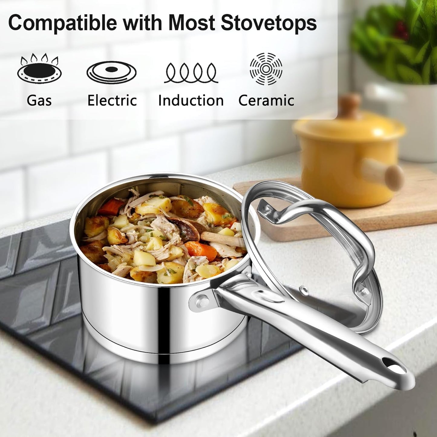 Vesteel 1QT Saucepan with Lid, Stainless Steel Milk Sauce Pan with Tri-ply Composite Bottom, Induction Cooking Pot for Making Pasta, Boiling Soup, Warming Milk, Dishwasher Safe