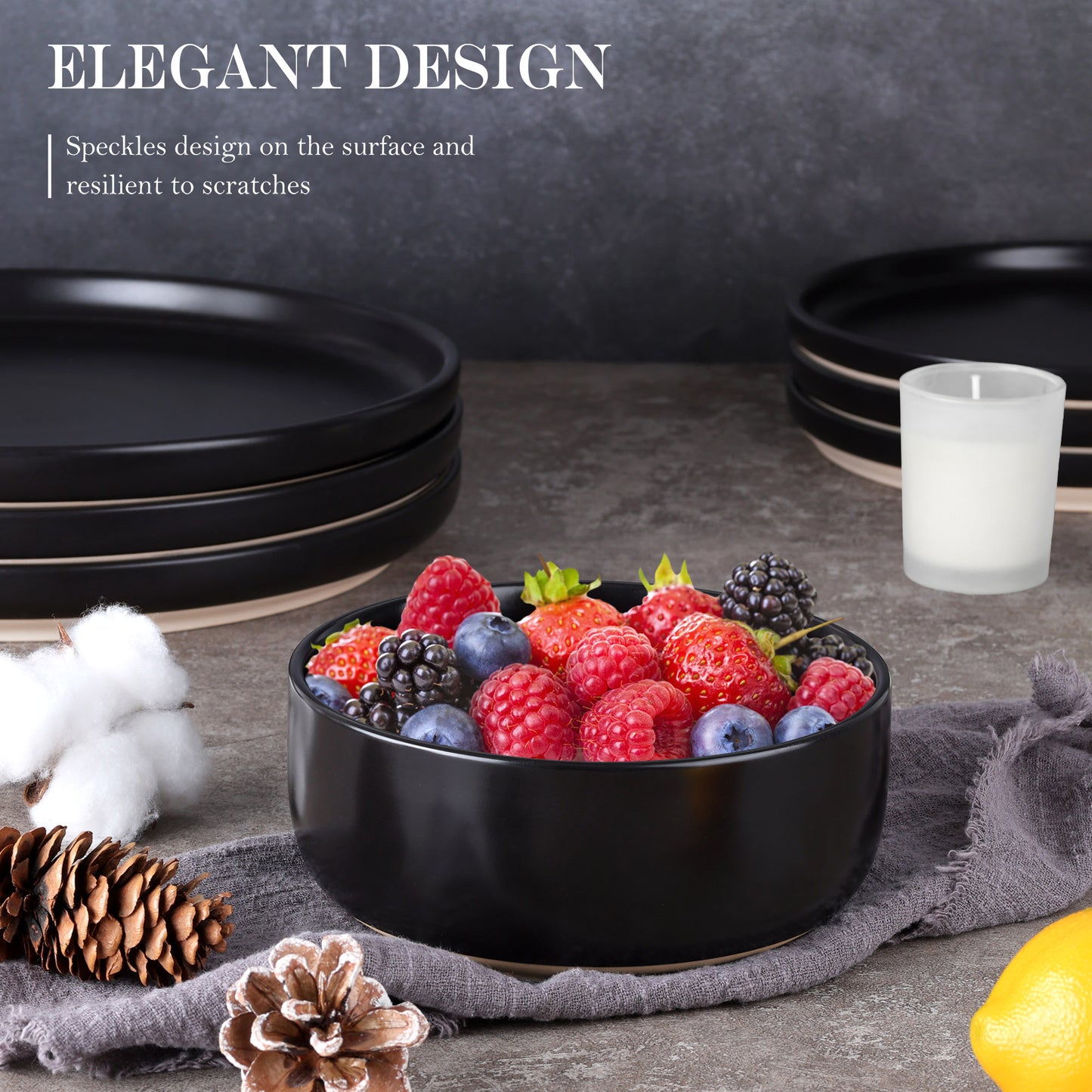 Vesteel 18-Piece Dinnerware set, Ceramic Plates and Bowls set for 6, Speckled Stoneware Dishes Set for Family, Microwave & Dishwasher Safe - Matte Black