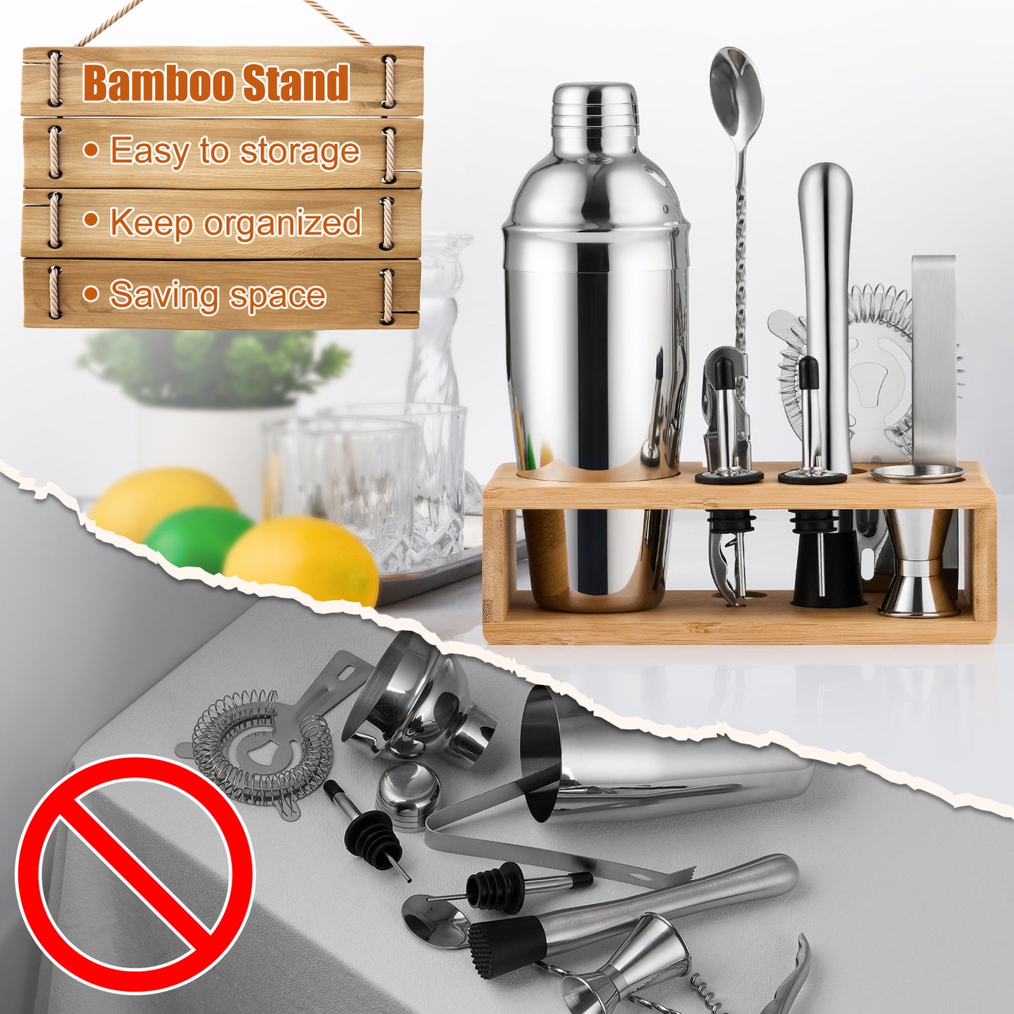 Vesteel Cocktail Shaker Set, 10Pcs Mixology Bartender Kit with Bamboo Stand, Bar Tool Set for Cocktail with Shaker, Jigger & Muddler, Bar Set, Silver