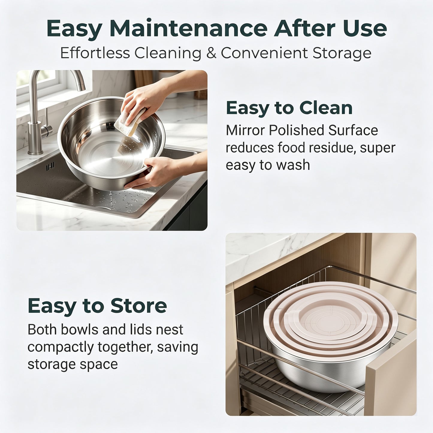 Vesteel Stainless Steel Mixing Bowls, 5 Piece Metal Nesting Bowls with Airtight Lids, Stackable Salad Bowls for Baking, Prepping & Serving, Dishwasher Safe, 5/3/1.7/1.2/0.8 QT, Khaki