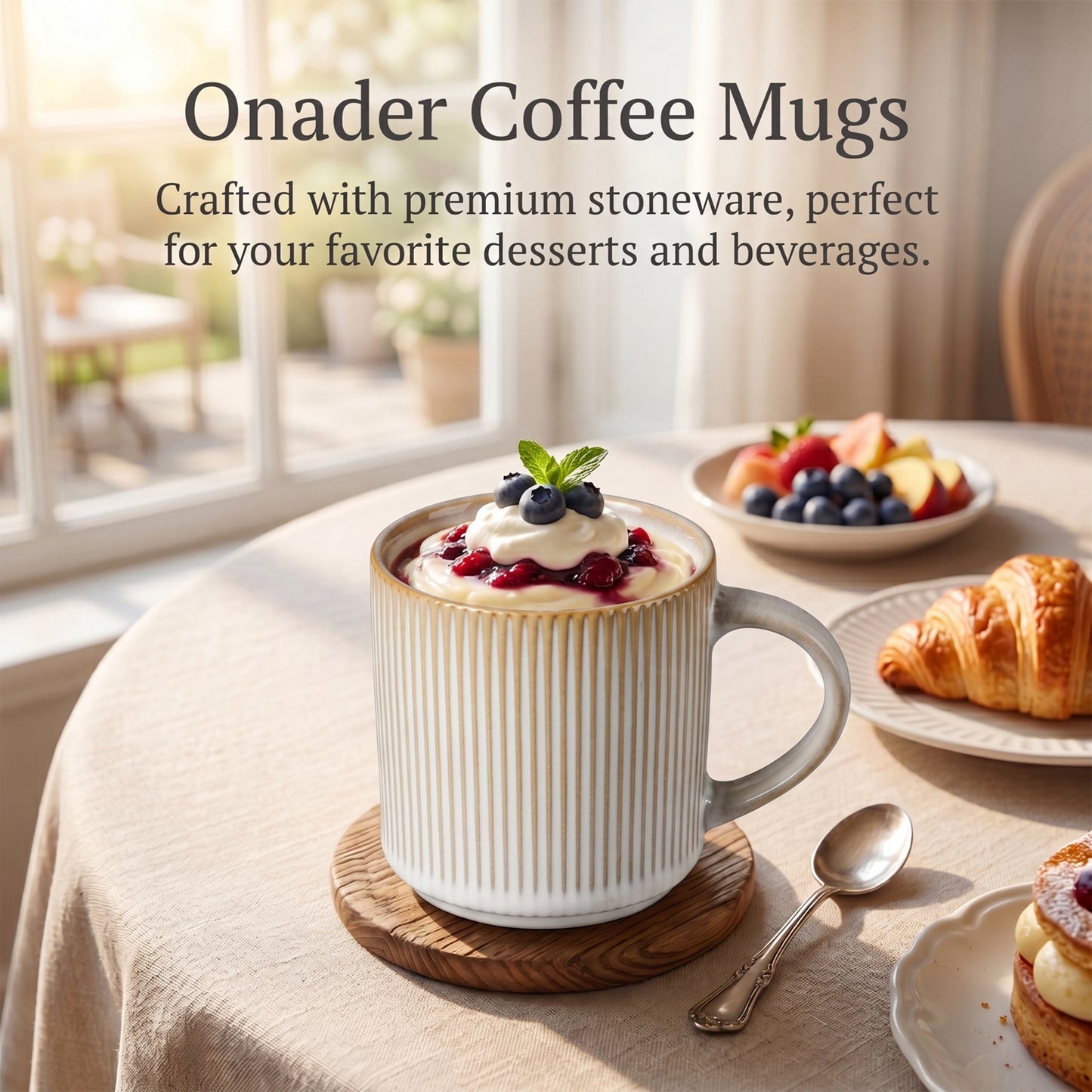 Onader 4-Pieces Coffee Mugs Set, Water Cups with Large Handle, 12 oz Ceramic Mugs Suitable for Tea Milk Latte, Stain-Resistant & Microwave Safe, Beige
