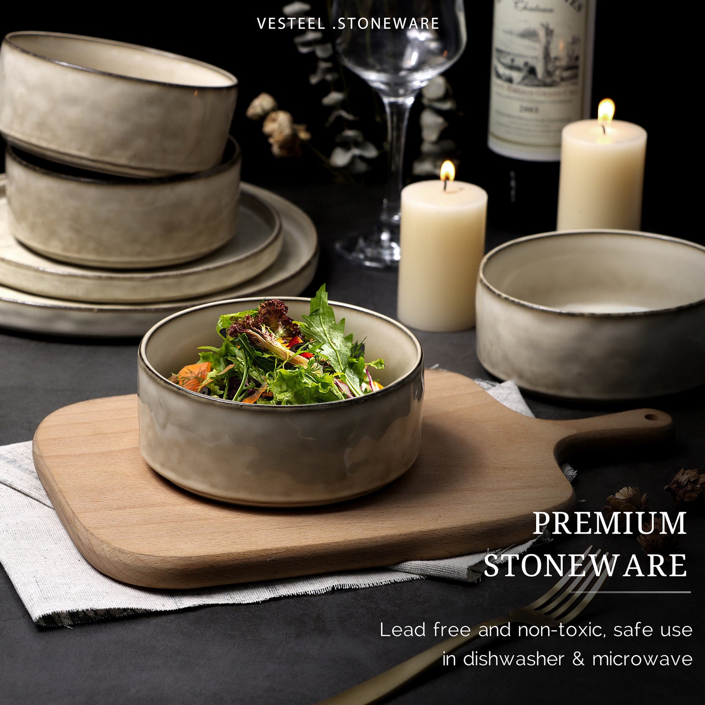 Vesteel 16-Piece Dinnerware Sets, Stoneware Dish and Bowls Set for 4, Handmade Reactive Glaze Coupe Plates Set, Chip & Scratch Resistant - Khaki