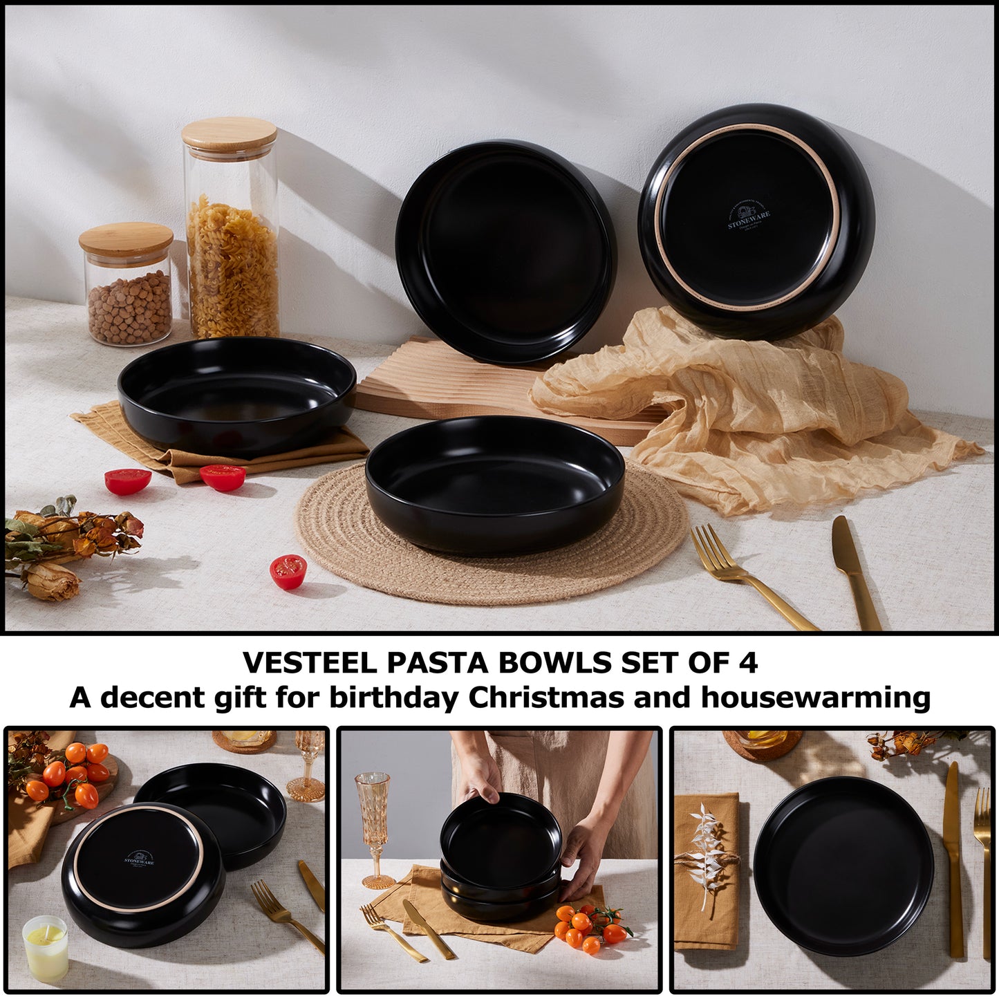 Vesteel Pasta Bowl Set of 4, 22oz Stoneware Salad Pasta Serving Bowls for Soup Dinner Cereal, Microwave & Dishwasher Safe, Matte Black