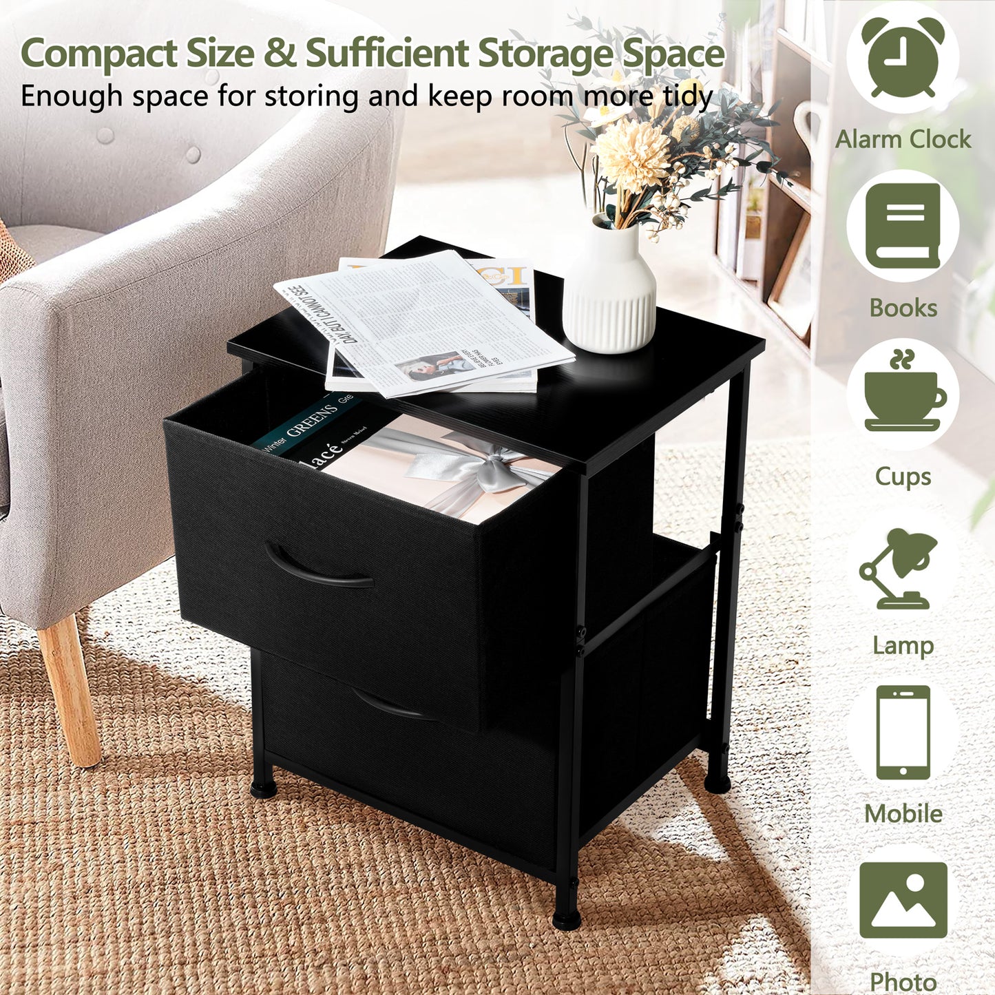 Vesteel Nightstand, 2 Drawers Dresser with Wood Top and Sturdy Steel Frame, Fabric End Table Bedside Furniture Dresser for Bedroom Closet Dorm - Black
