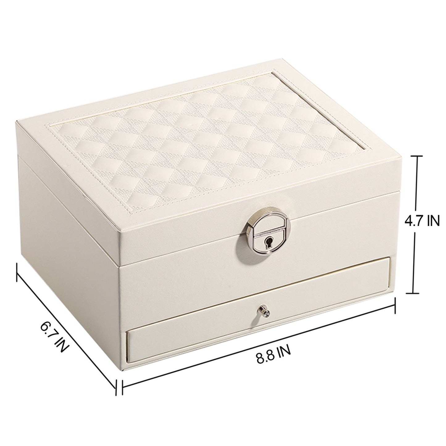 Vesteel Jewelry Box, 2-Layer Leather Jewelry Storage Organizer with Lock Drawer Built-in Mirror, Jewelry Case for Rings Necklaces Earrings Watches - White