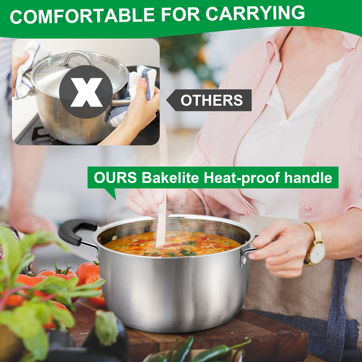 Vesteel 6 Quart Stock Pot, 18/10 Stainless Steel Metal Pasta Soup Pot with Glass Lid for Cooking, Double Heat-Proof Handles, Heavy Duty & Dishwasher Safe